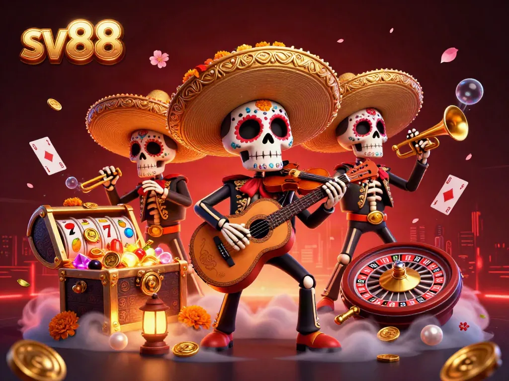 Engage with sv88 as you spin vibrant slots and enjoy a lively mariachi band in a casino setting.