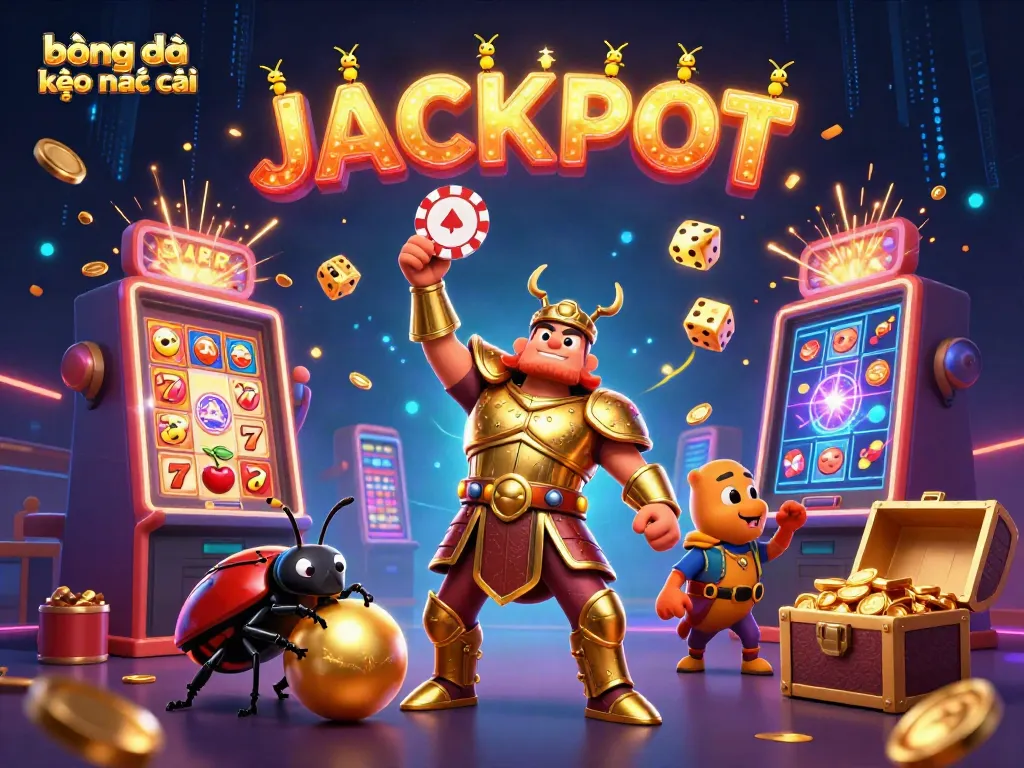 Engage in thrilling bóng đá kèo nhà cái action with a winning hercules beetle surrounded by bright casino elements.