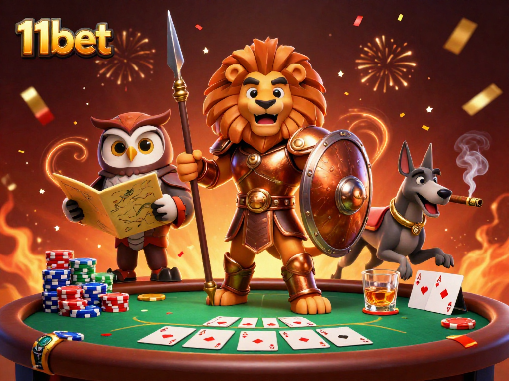 Engage in thrilling gaming with 11bet's vibrant 3D casino scene featuring a Spartan lion, a tactical owl, and a greyhound messenger.