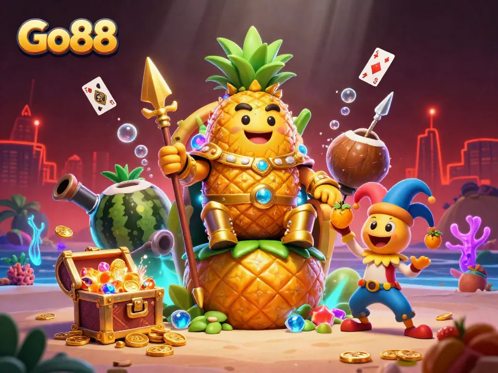 Engage with Go88's vibrant beach casino showcasing a golden pineapple king, coconut bodyguards, and treasures.