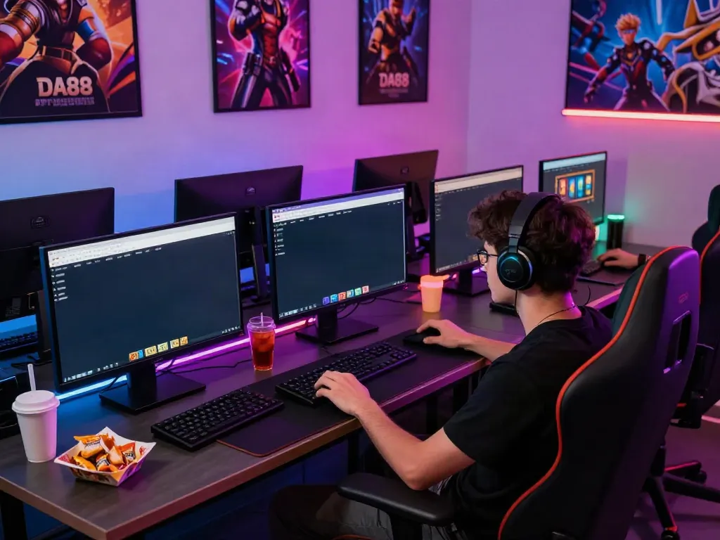 Online gaming setup featuring the DA88 platform with engaging slot games and vibrant atmosphere.
