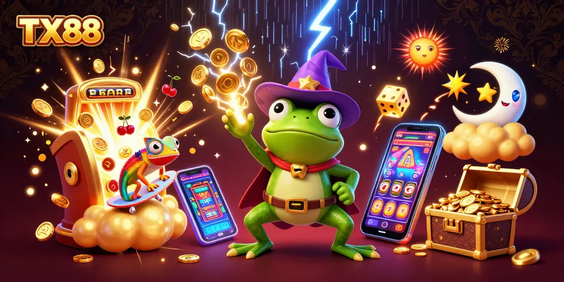 Join TX88 for a thrilling casino experience with golden coins raining down and exciting game elements.