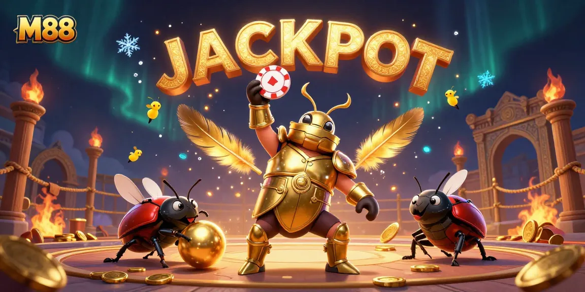 M88 celebrates wins in an epic scene with cartoon characters, poker chips, and a festive atmosphere.