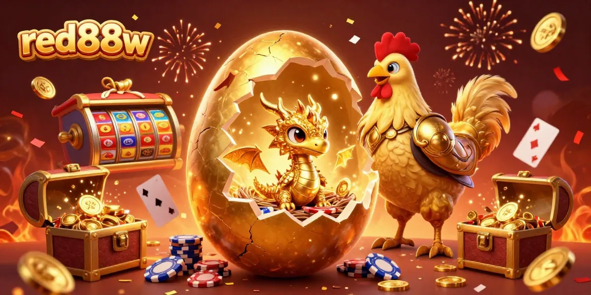 Experience excitement at red88w with a golden baby dragon and slot reels exploding with treasures in a festive casino atmosphere.