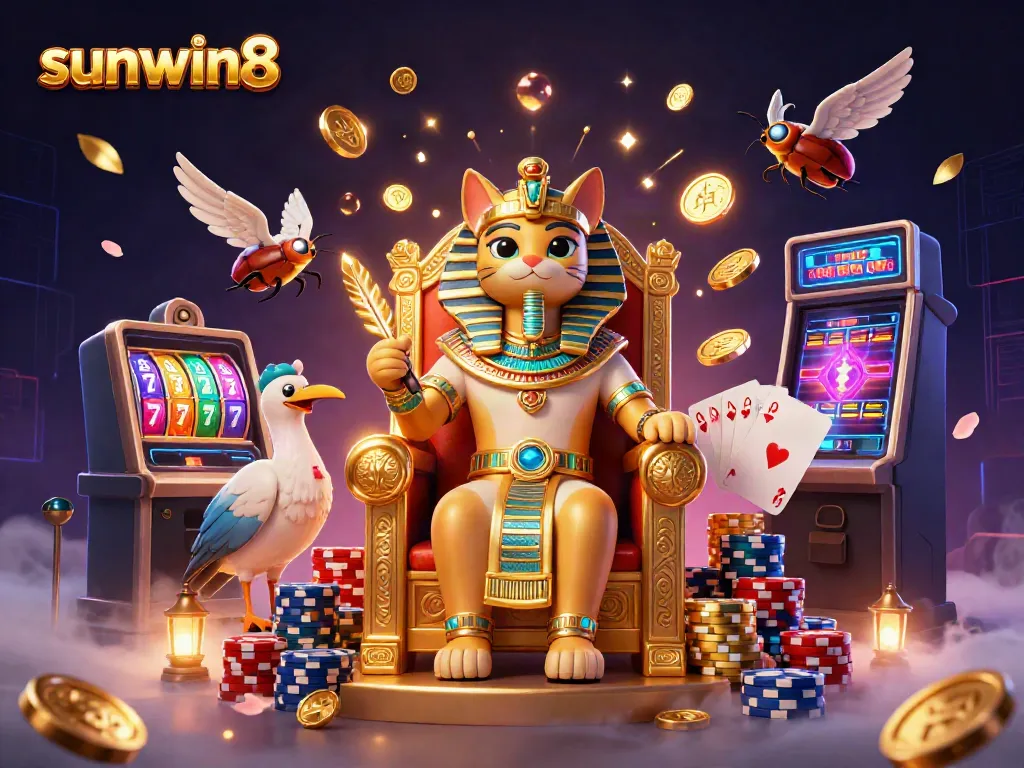 Experience the excitement of sunwin8 as vibrant slot machine reels spin amidst gems and golden coins.