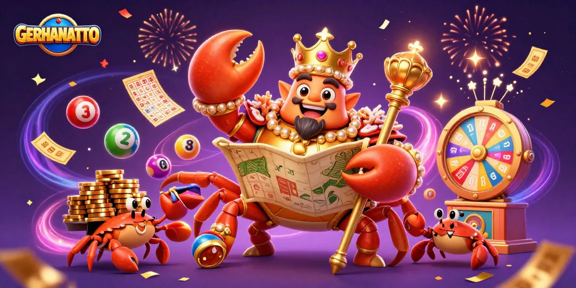 GERHANATOTO sediakan ilustrasi menarik dengan karakter ketam emas mengendalikan permainan lotere.