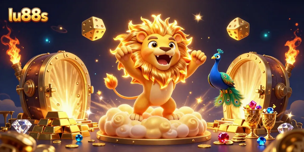 Experience epic wins at lu88s with a vibrant casino scene filled with golden treasures and a roaring lion.