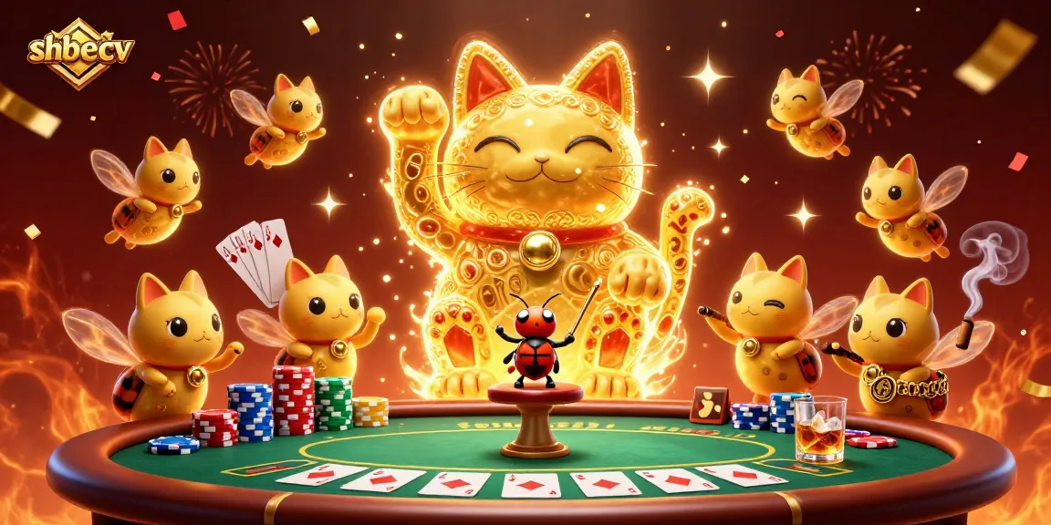 Experience the vibrant joy of shbetcv as golden fireflies form a lucky cat in a dynamic casino scene.