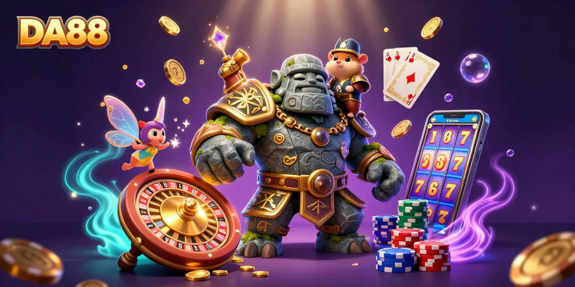 Engage in thrilling games with DA88's magical scene featuring a golem, fairy, and hamster knight.