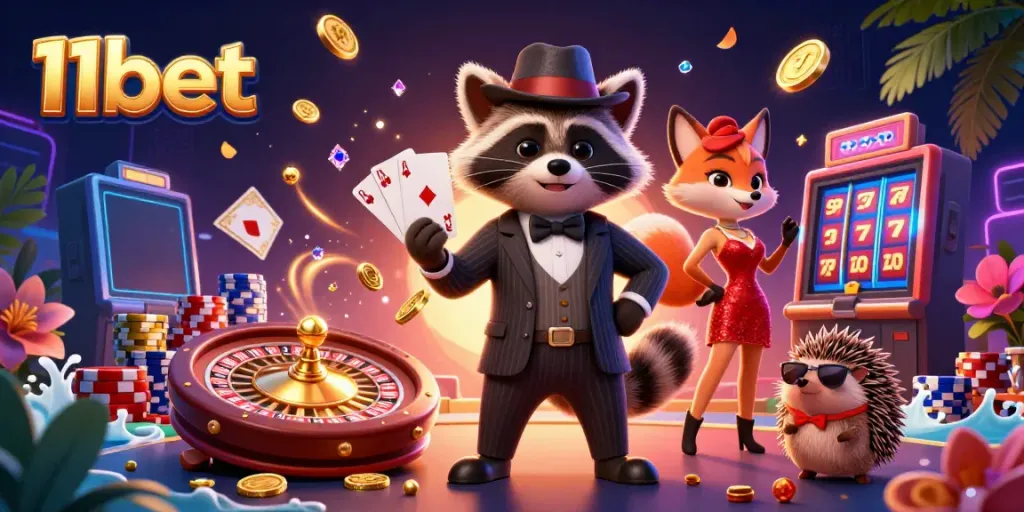 Experience 11bet's exciting gaming scene featuring a suave raccoon, a fox lady, and a hedgehog bouncer amidst vibrant casino elements.