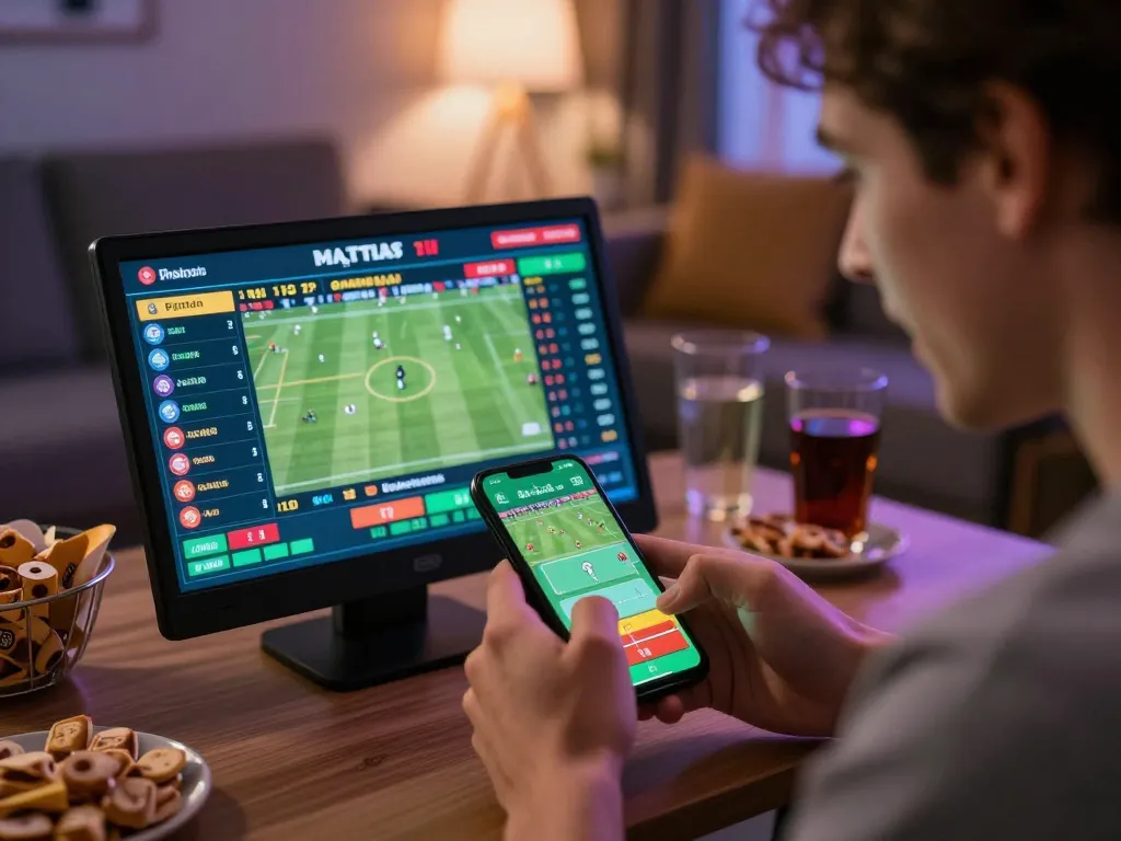 Engaged bettor analyzing live odds on their smartphone while enjoying the Keo nha cai experience at home.