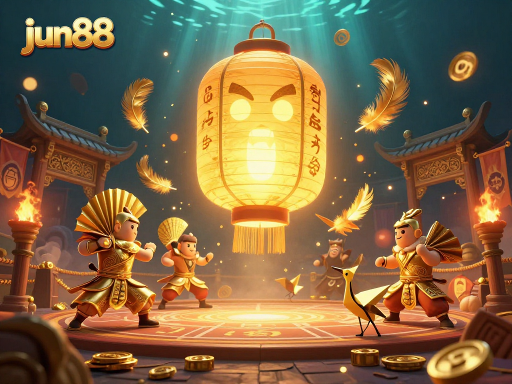 Experience exciting games at jun88 with a glowing lantern spirit, casino backdrop, and vibrant action.