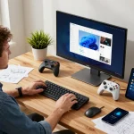 Best tech gadgets for men displayed in a modern workspace with Bluetooth devices and a tech-savvy man.