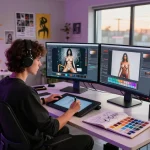 Creating AI porn artwork in a vibrant digital art studio with futuristic elements and modern tools.