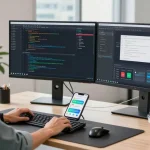 快连 provides a modern tech workspace showcasing advanced software development with vibrant lighting and productivity tools.