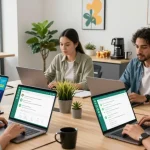 Team collaborating using WhatsApp網頁版 in modern workspace