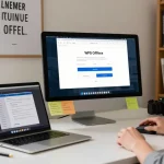 WPS Download process in a sleek home office with modern workspace elements.