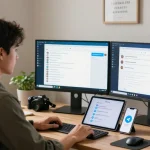 Download Telegram on a sleek workspace with dual monitors showcasing the app's features.