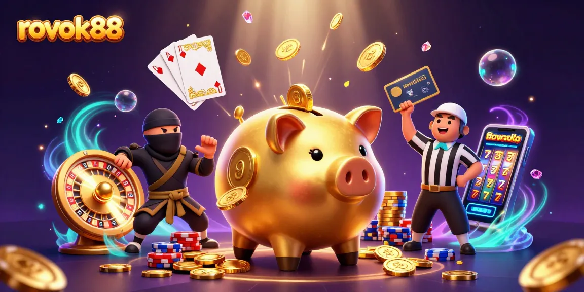 Experience thrilling rokok88 moments as a piggy bank wrestler shakes loose coins in this vibrant casino illustration.
