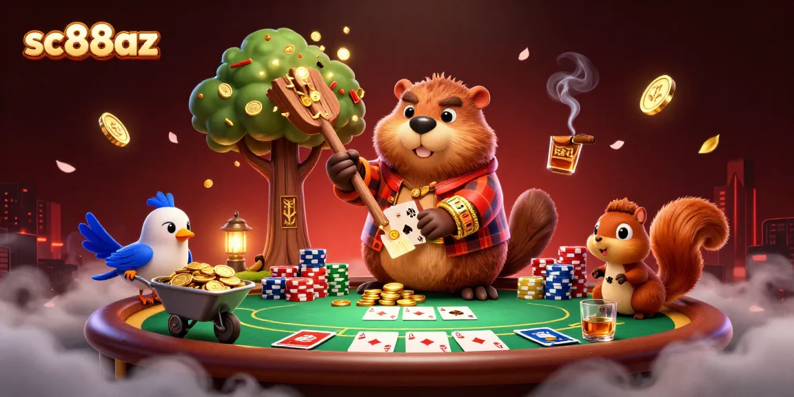 Win big with sc88az as the beaver chops a coin tree in this vibrant, engaging casino scene.